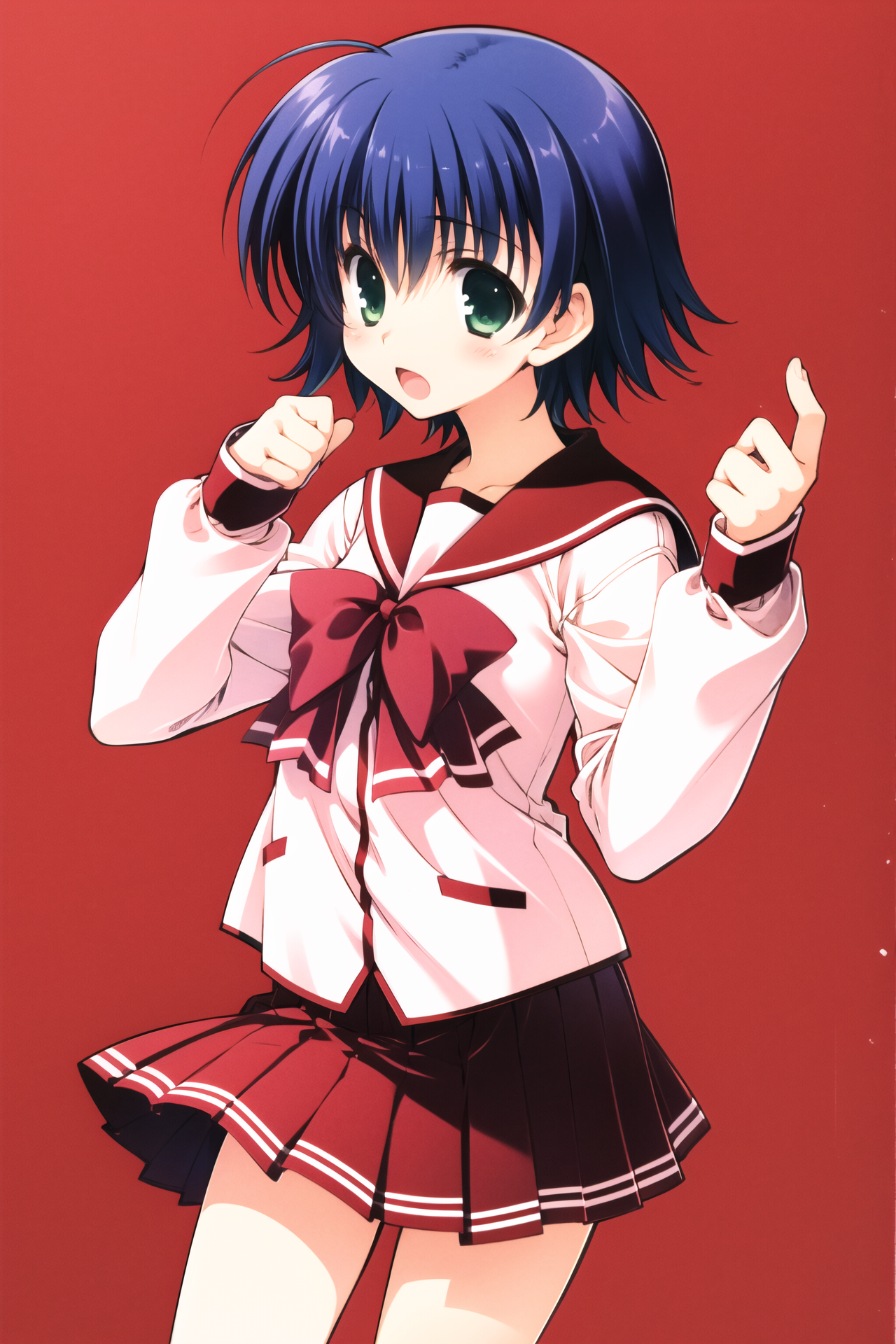 21092-4050464876-Yuma Tonami, 1girl, solo, school uniform, skirt, blue hair, serafuku, short hair,  pleated skirt, long sleeves, open mouth, red.png